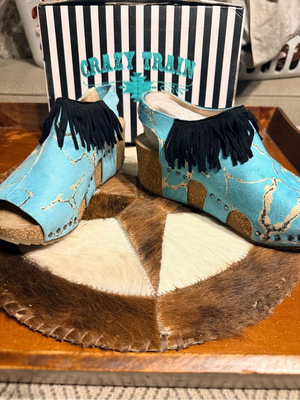 Crazy Train Turquoise and Black Fringe Mule Clogs